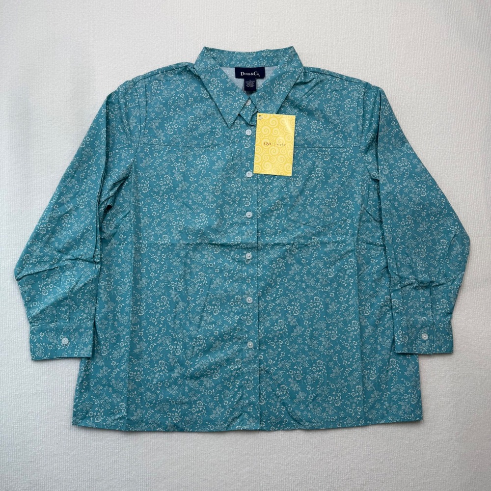 Denim & Co Button Down Shirt Women Plus 1X Teal Floral Stretch Cottagecore NEW